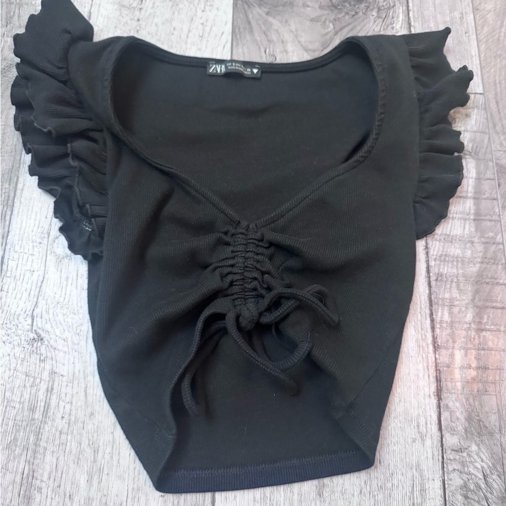 Zara Black Ruched Tie-Front Ruffle Sleeve Crop Top Small